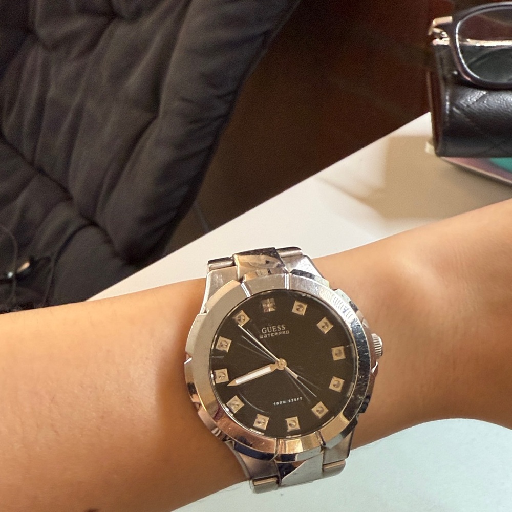 Guess Silver-Tone Watch with Black Face